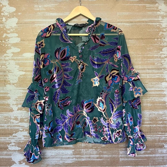 PatBo Burnout Sheer Velvet Blouse Floral Popover Preppy Boho Classy Womens XS - Picture 2 of 5